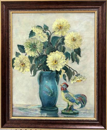 Yellow Flowers with Rooster unsigned ~17x22