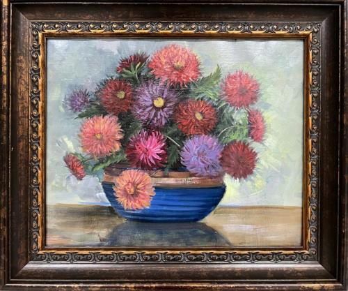 Mums in Blue Vase unsigned ~20x16