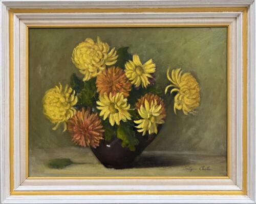 Yellow and Orange Flowers in Blue Vase by Evelyn Carter ~24x18