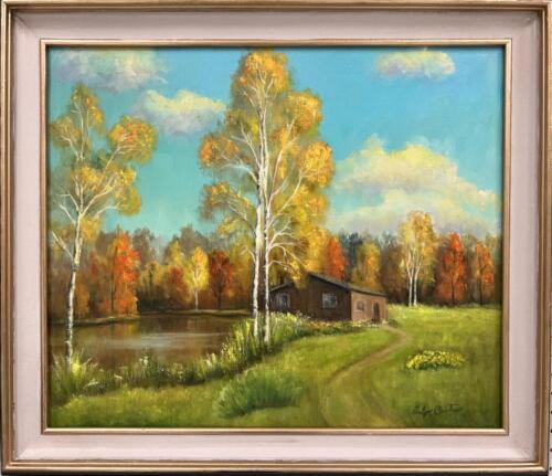 Cabin on Lake with Birch Tree by Evelyn Carter ~25x20
